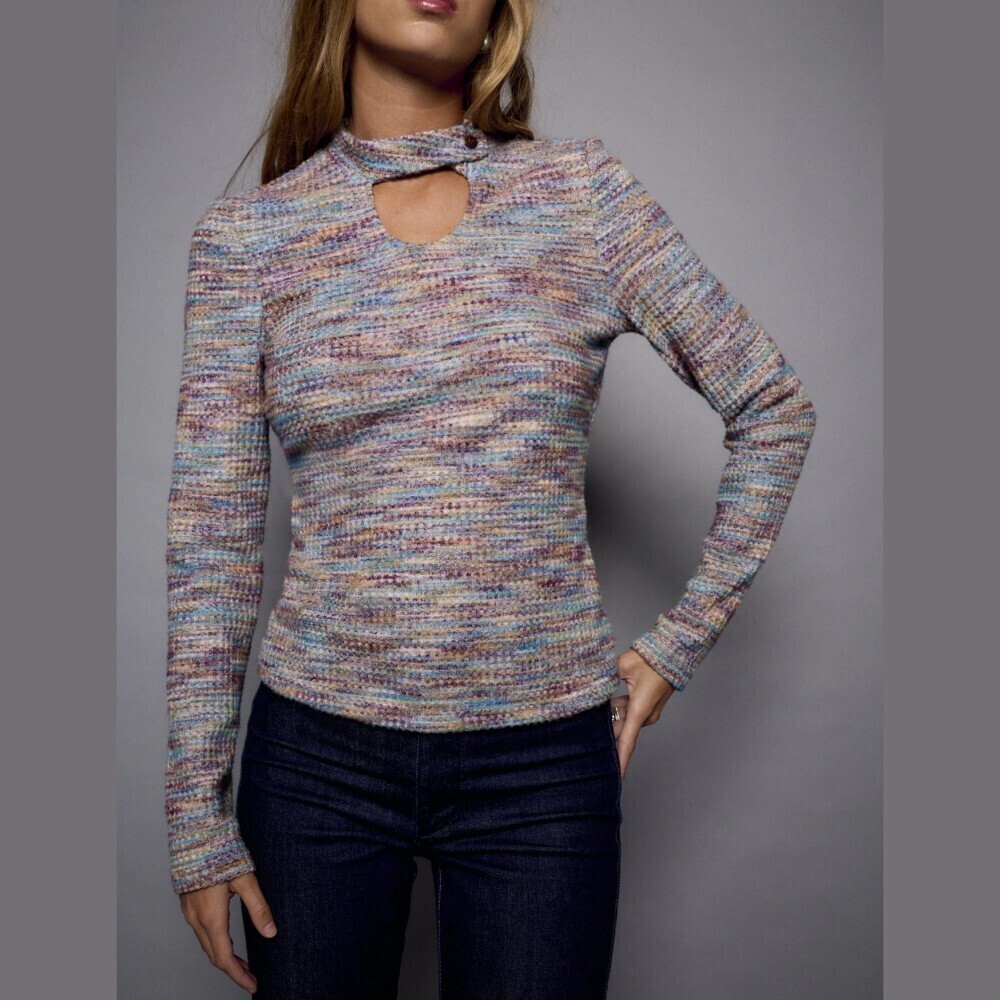 Blue / Tan Multicolor Space Dye Ribbed Knit Keyhole Mock Neck Long Sleeve Tee